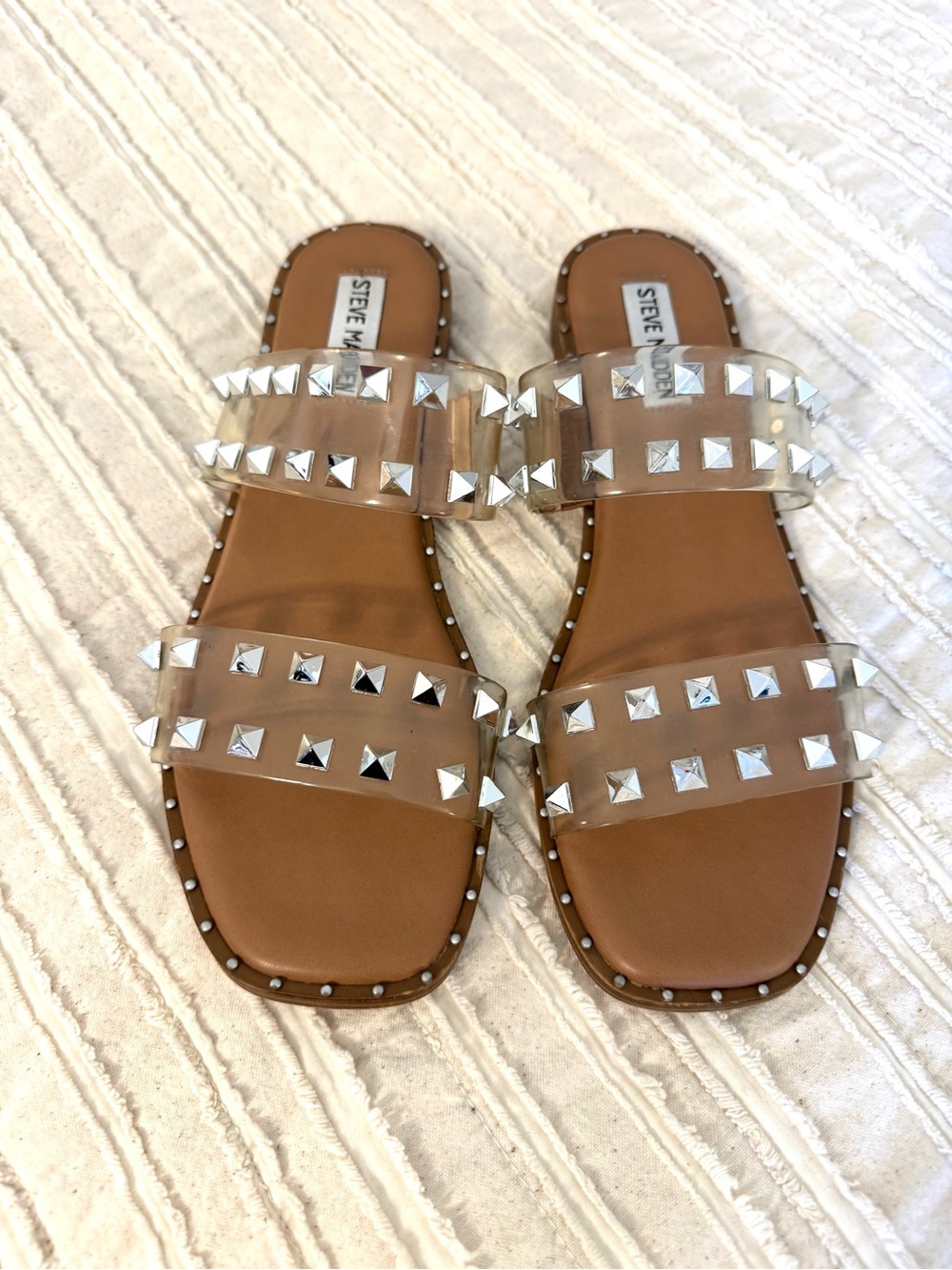 Steve Madden Clear Studded Double Strap Slide Sandals Tan Women’s 8.5